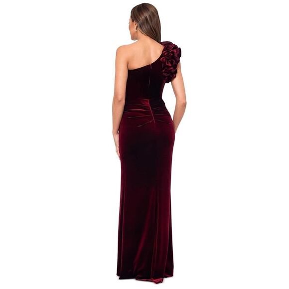 Xscape Evening One-Shoulder Ruffle-Trim Velvet Gown Burgundy Size 8 NWT - Picture 3 of 12